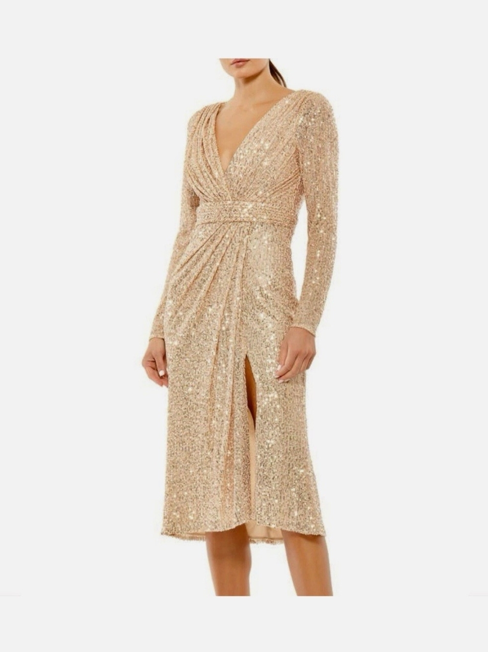 Mac Duggal Champagne Sequin Draped V-Neck Long Sleeve Midi Dress